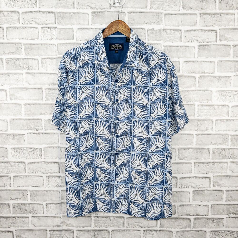 Nat Nast Silk Cotton Short Sleeve camp Shirt Blue Floral Size XL